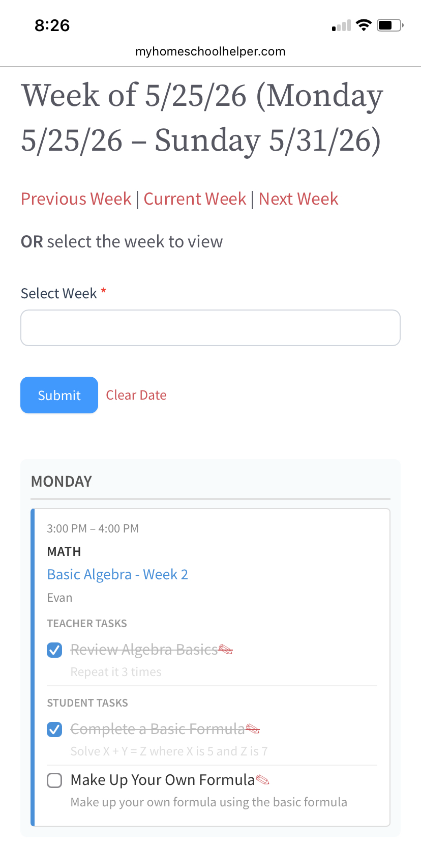 My Homeschool Helper weekly planner on mobile phone browser